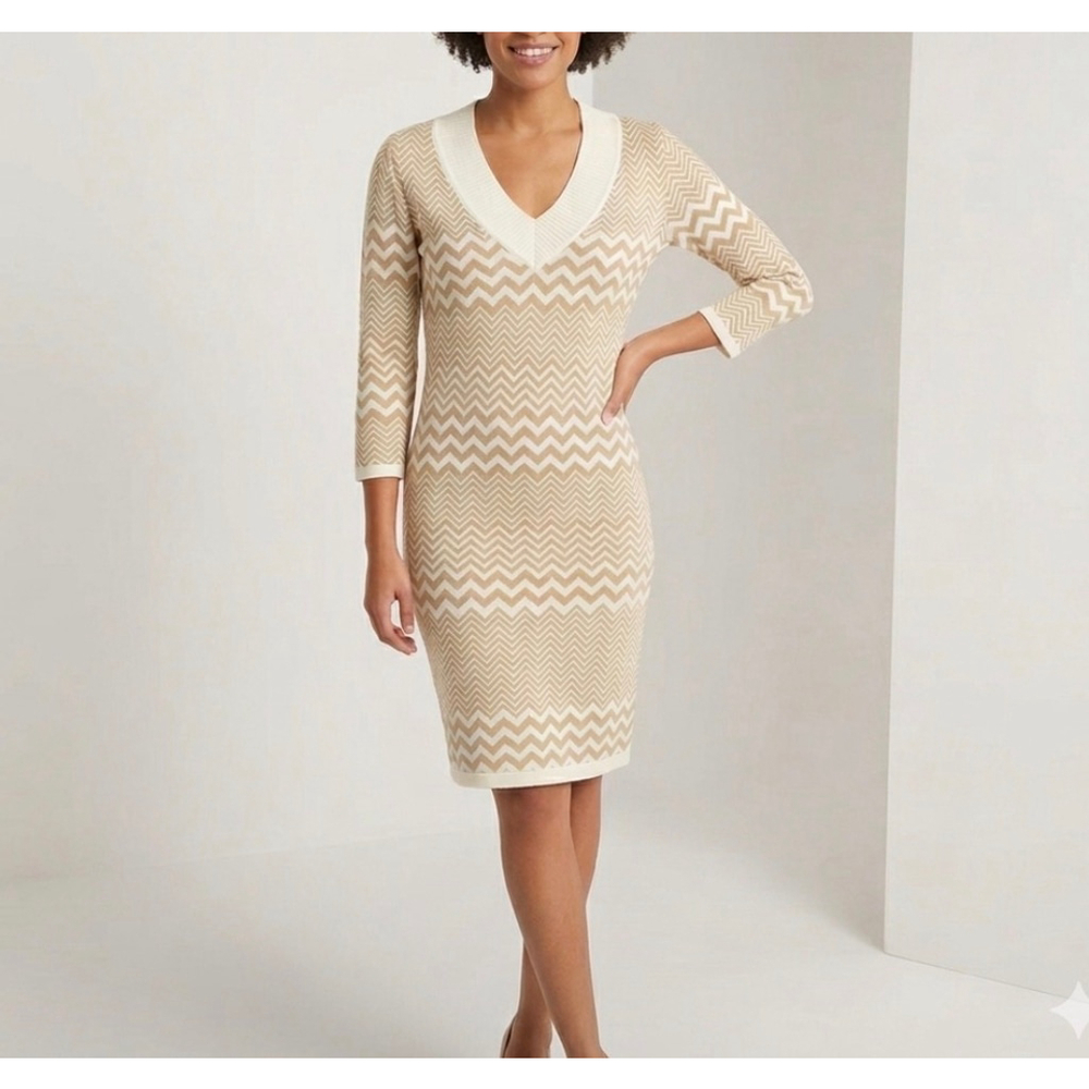 Charming Charlie Long Sleeve Dress M Beige White Chevron